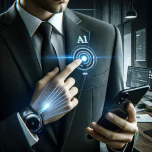 Professional using the Humane AI Pin, a cutting-edge wearable device, for AI interaction in an office setting. itpro.works