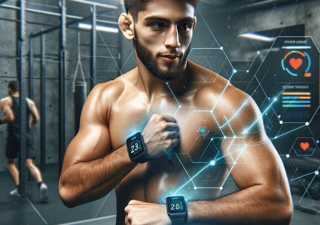 Alex Pereira, a professional mixed martial artist, training in a gym with advanced wearable fitness trackers and heart rate monitors.