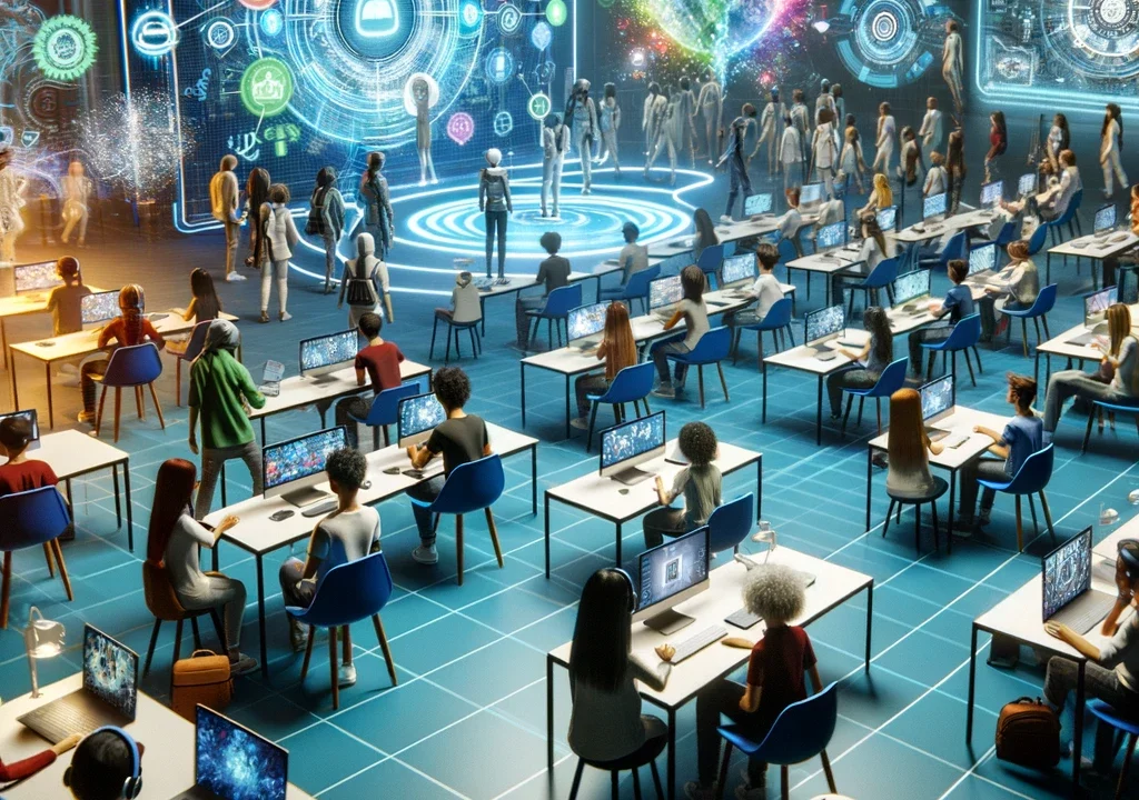 Diverse avatars engaging in a dynamic 3D virtual classroom within the Metaverse, showcasing interactive, futuristic learning technologies and holographic displays.