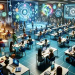Diverse avatars engaging in a dynamic 3D virtual classroom within the Metaverse, showcasing interactive, futuristic learning technologies and holographic displays.