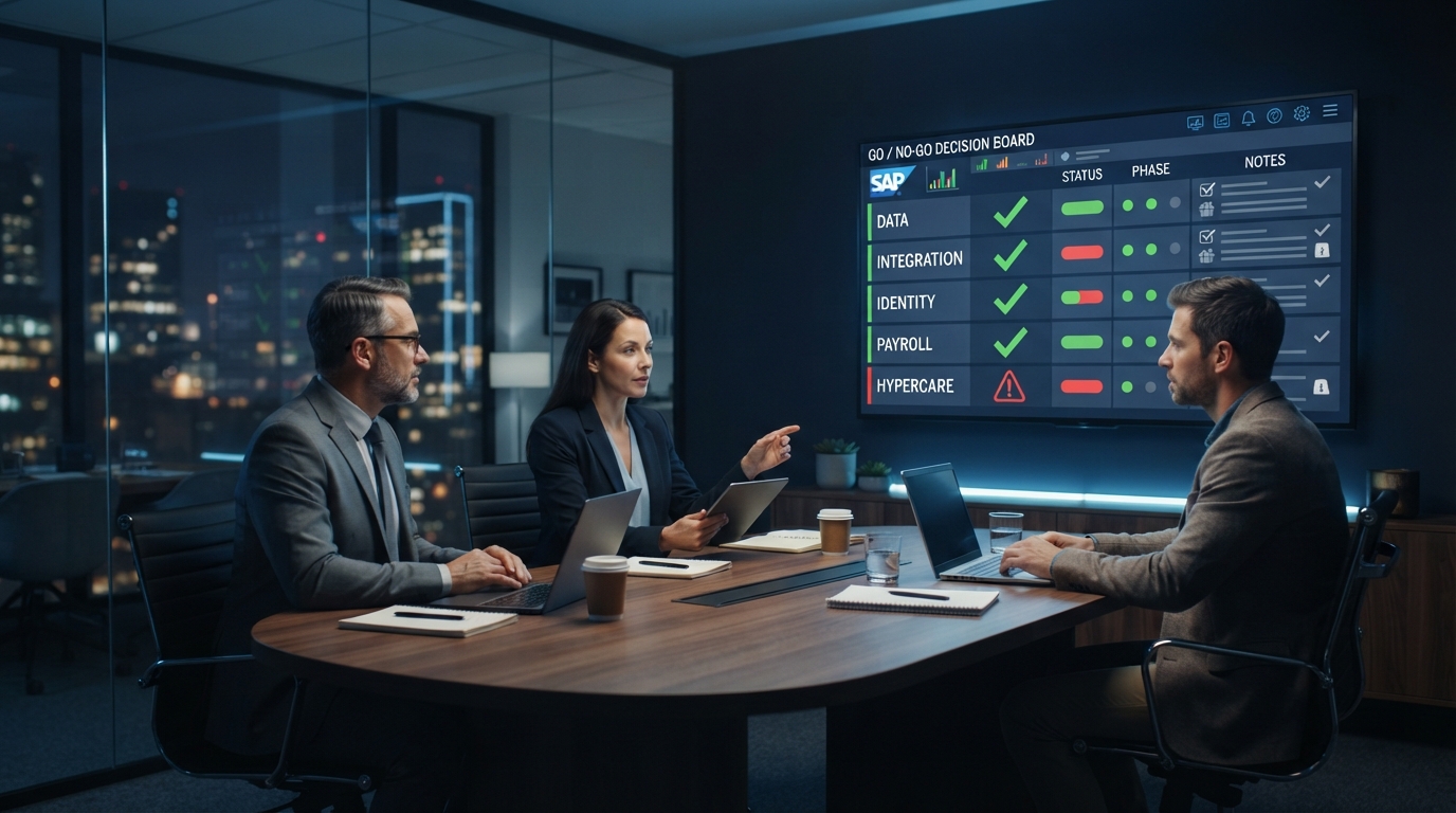 SAP SuccessFactors go-live readiness framework: cutover decision checklist dashboard