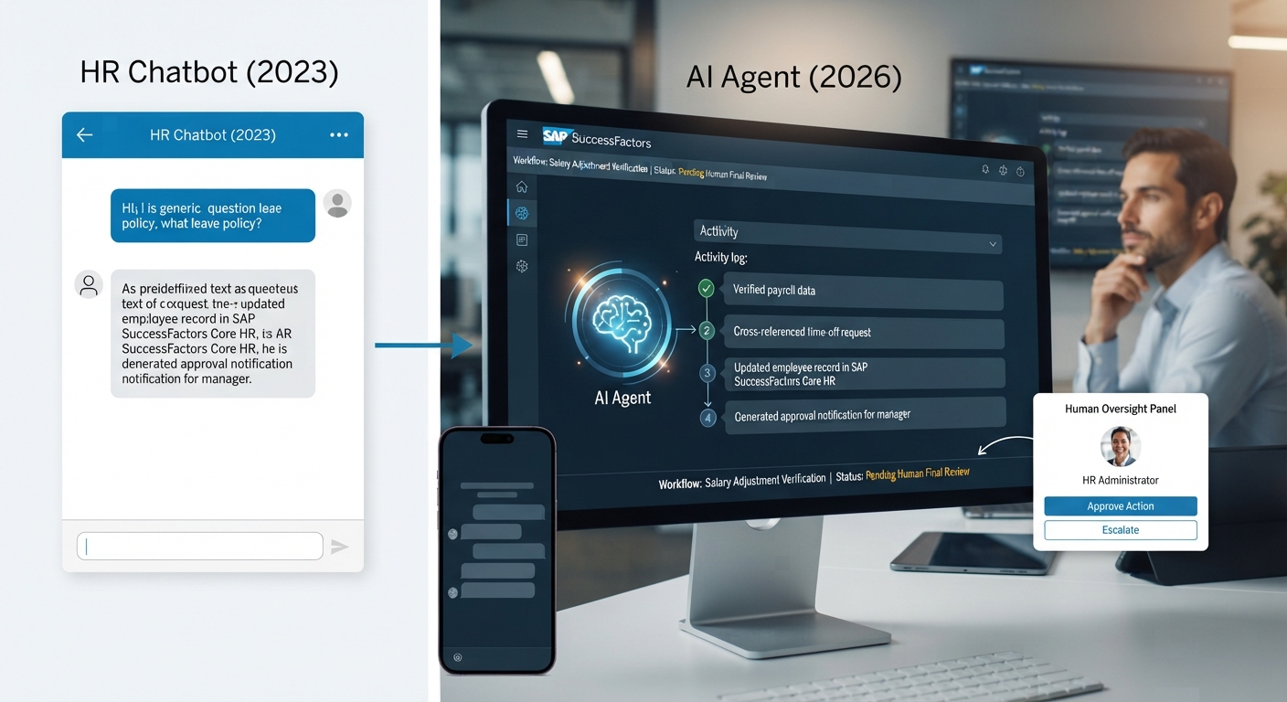 AI agent dashboard interface symbolizing the shift from HR chatbots to digital coworkers for SAP SuccessFactors teams in 2026