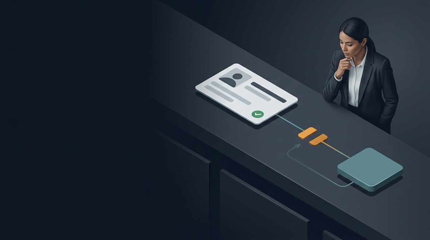 HR professional reviewing an employee record card with a green approval badge, linked by an orange data flow to a downstream teal system.
