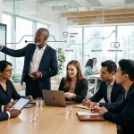 Diverse leadership team reviewing workflow dashboards around a meeting table, with trusted data, identity and approval icons showing a human-agent workforce