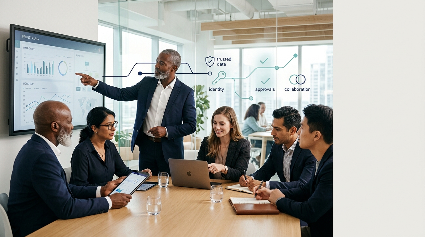 Diverse leadership team reviewing workflow dashboards around a meeting table, with trusted data, identity and approval icons showing a human-agent workforce